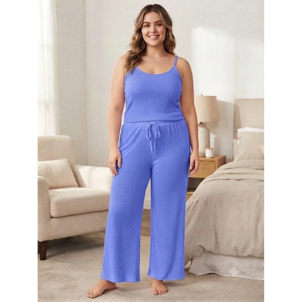 auden cozy ribbed blue pajama set tank & drawstring wide leg pants Sz Xxl